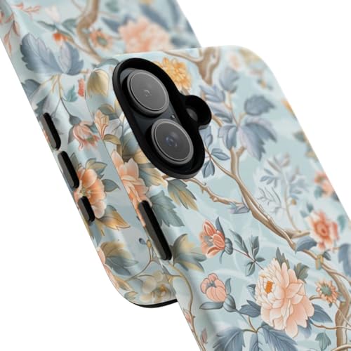 Coque rigide iPhone 16 Plus bleu mat motif fleurs asiatiques