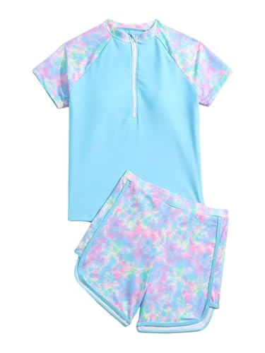 SHENHE Girl's Rash Guard Swimsuit Tie Dye Short Sleeve Bathing Suit with Shorts 2 Piece Swimwear