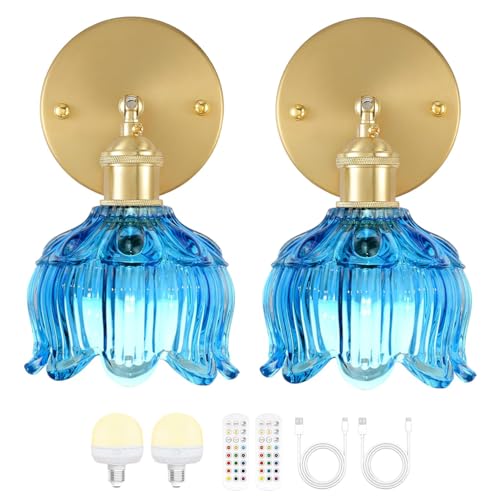AoLa Aplique de pared inalámbrico LED a batería RGB regulable con control remoto Lámpara de pared sin conexión a la corriente Lámpara de noche de interior Ajustable lámpara vintage 2 piezas