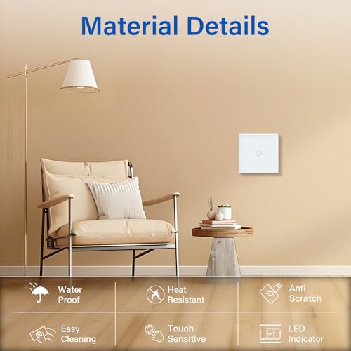 BSEED Touch Light Switch, Tempered Glass Panel with LED Indicator, 1 Gang 1 Way Touch Switch White, No Neutral Wire - Image 4