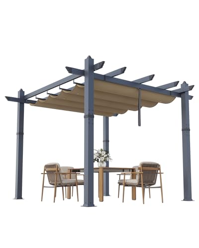 Image of KYBOLT 10x10 Ft Outdoor Pergola Metal Gazebo with Retractable Canopy for Backyard Deck Patio Porch Grape Trellis(Khaki)