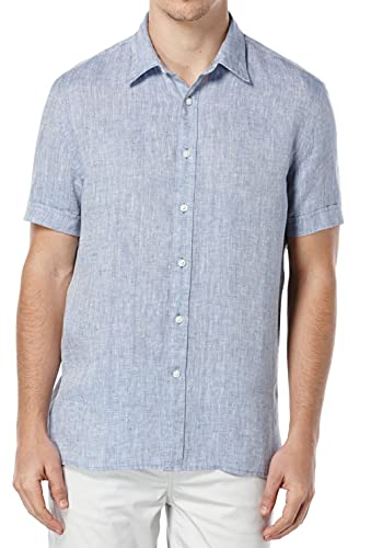 Perry Ellis Men s Short Sleeve Solid Linen Shirt, Colony Blue-4csw7062, Large