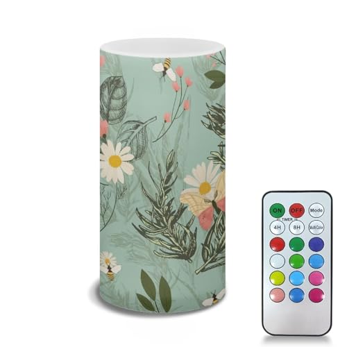Image of LED Flameless Candles Battery Operated with Remote Timer 5.9'' Tealight Realistic Electric Candle Pillar Lights 12 Color Changing for Indoor Outdoor Home Decor, Daisy Leaf Butterfly Bee