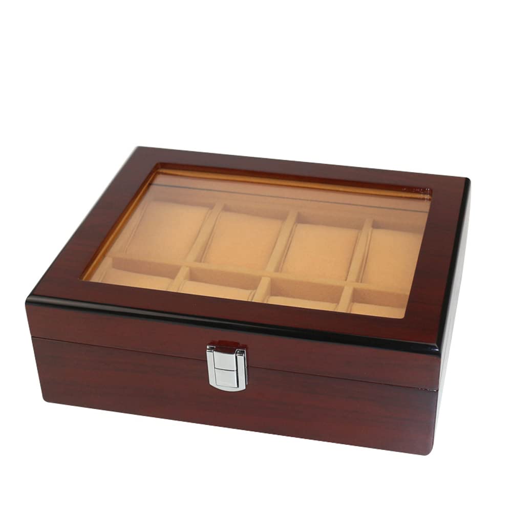 Holzmaserung Uhrenbox Schmuck Aufbewahrungsbox Einschichtiger transparenter Glasdeckel, 8 Gitter Holz Display Sammelbox Braunes Futter mit Metallverschluss Weihnachtsgeburtstagsgeschenke