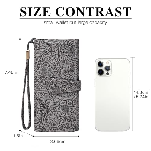 Image of Wristlet Wallet for Women Leather Clutch Purse Trifold Card Holder RFID Blocking Large Capacity Grey