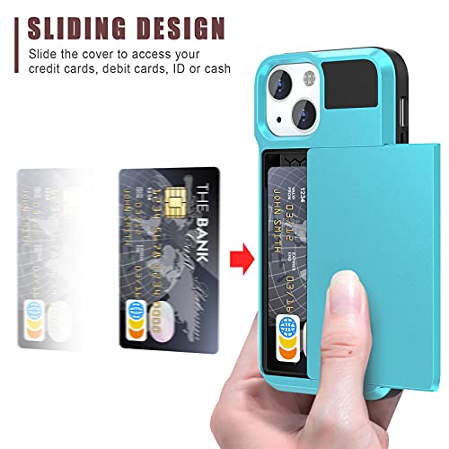 Anuck Case For Iphone 13 Mini Case With Card Holder, Shockproof Heavy Duty Wallet Case [Credit Card Slot][Slide Cover] Anti-Scratch Shell Dual Layer Armor Bumper Protective Phone Case 5.4",Light Blue #TOP1