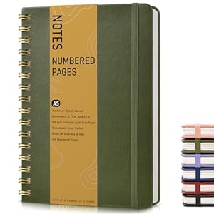 Lined Spiral Journal Notebook, A5 Hardcover Spiral Journals for Women Men, 150 Numbered Pages Spiral Bound Notebook, 100 GSM College Ruled Notebooks for Work, Note Taking 5.75″ x 8.38″, Olive Green