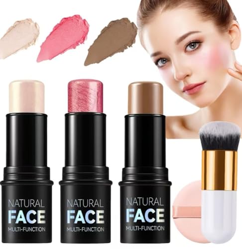 3 Pack Contour Highlighter Blush Sticks with Brush,Bronzer Contour Beauty Wand with Brush Stick for Cheeks Eyes Lips,Long Lasting Waterproof Smooth Stick Face Makeup for All Skin Type (BLUSH, A-set)