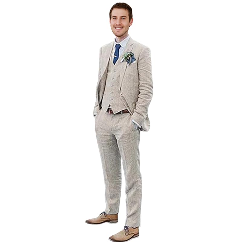 Men's 3 Pieces Linen Suit Set Beach Wedding Blazer Vest Pants Set Casual Lightweight Summer Slim Fit Tuxedo Suit