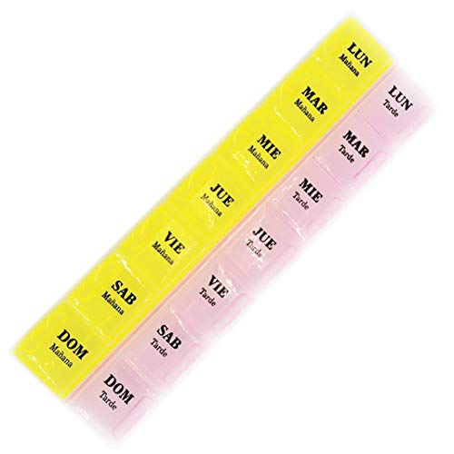 MovilCom® Pastillero semanal español 14 compartimentos 7 días pastillero organizador semanal 2 tomas diarias, estuche planificador semanal de pastillas color rosa