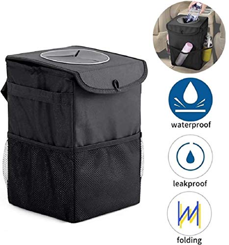 JIOUDI Sac Poubelle de Voiture Pliable Etanche Sac à Ordures Organisateur de Voiture Pour VUS/camion/fourgonnette/voiture, (12L avec Couvercle, Noir)