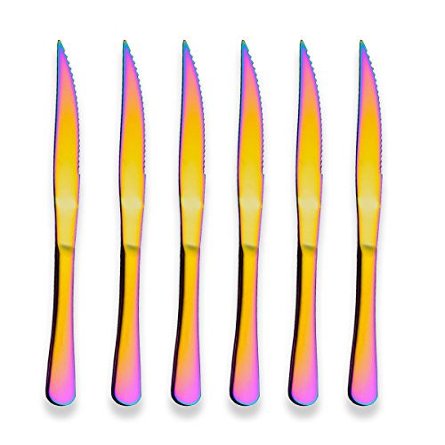 Berglander Titanium Colorful Plated, Multicolor Stainless Steel Steak Knives Steak Knife Heavy Duty Steak Knife for Chefs Great for BBQ Weddings Dinners Parties Homes Kitchens Pack of 6