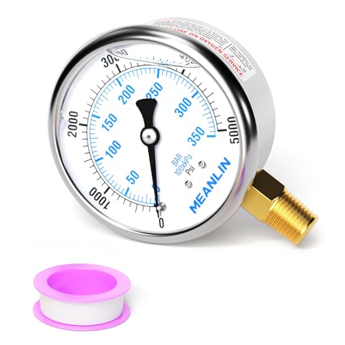 Image of MEANLIN MEASURE 0~5000Psi Liquid Filled Pressure Gauge 1 /4 inch NPT 2.5 inch FACE DIAL Stainless Steel Glycerin Filled WOG Water Oil Air Lower Mount (with 2PCS Snaps)
