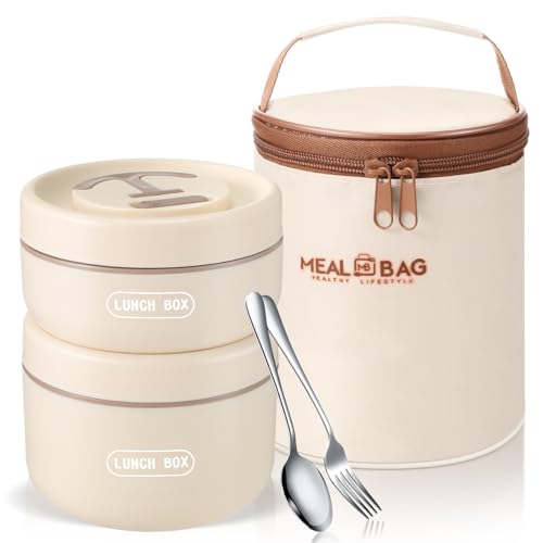 Dandat 2 Pcs Insulated Lunch Containers Thermal Bento Box with Bag Fork Knife Microwavable Stainless Steel Lunch Box 15.2 oz 21 oz Separate Stackable Thermal Food Jar for Adult Men Women(Beige)