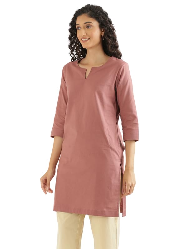 Image of SAADAA Airy Linen Mid Thigh Length Kurta for Women | Stylish Split Neck, 3 /4 Sleeves & Side Pockets | Comfortable Everyday Wear Kurta | Breathable Fabric |