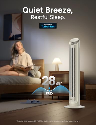 Image of DREO Smart Tower Fan for Bedroom, 90 Oscillating 40 inch Standing Fan, 26ft /s High-Speed 5 Speeds 4 Modes, Quiet Room Floor Fans, Touch /Remote /APP & Voice Control, Work with Alexa, 12H Timer, Pure White