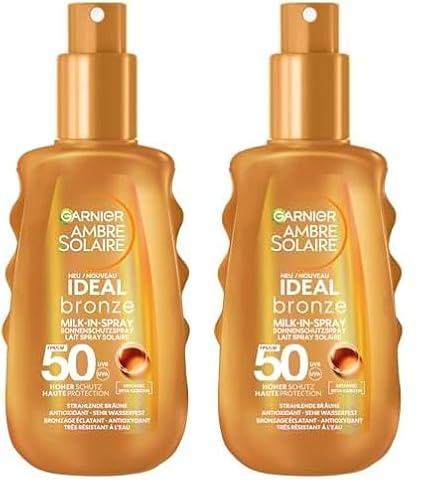 Garnier UV-Sonnenschutzspray für eine strahlende Bräune, Sehr hoher Sonnenschutz mit LSF 50, Wasserfest, Ambre Solaire Ideal Bronze Milk-in-Spray, 1 x 150 ml (Packung mit 2)