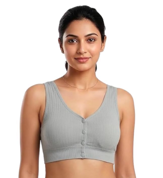 Women Front Open Button Nursing Bra Lightly Padded Maternity Breastfeeding Bra Soft Cotton Blend Full Coverage Pregnancy Bra for Pre and Post Pregnancy Grey-image-36