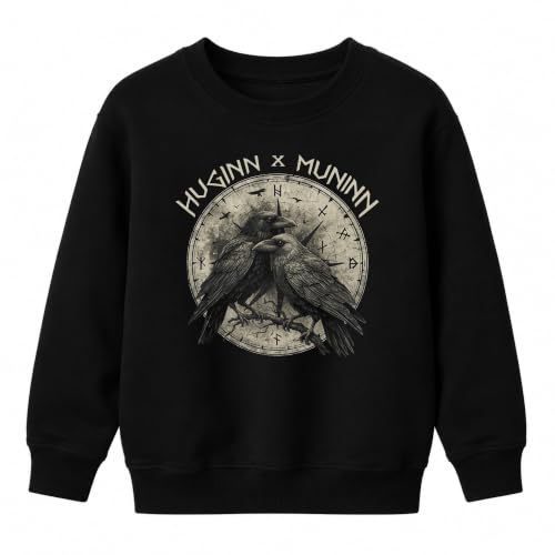 Printera Huginn Muninn Pull pour enfant Motif corbeau viking Odin, Noir | Vegvisir runes gothiques nordiques, corbeaux, boussoles, runes, baleines, asgard, pagan, celtes, boussole rune, corbeau