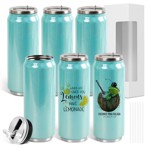 ColorSub 17 oz Sublimation Glitter Tumblers Cans Stainless Steel Sublimation Blanks Tumblers Double Wall Insulated Cups Set with Lid Straw Gift Box 6 Pack Teal