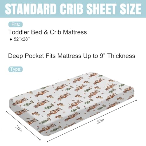 Image of Watercolor Cowboy Horse Floral Baby Crib Sheet 52''x28'' Western Cowboy Boots Hats Cactus Stretchy Fitted Crib Mattress Cover for Boy Girl Wild Soft Baby Sheets for Standard Crib Toddler Mattress