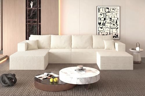 Image of 138 inch Modern Modular Sectional Sofa, U-Shaped Cloud Couch, Soft Corduroy Boneless Couch with 3060 High Rebound Memory Foam, Sectional Couches for Living Room-Beige(Left Facing Chaise)