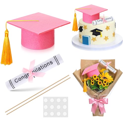 Breling Pink and Gold Graduation Cap Cake Topper Diploma Centerpiece Stick
