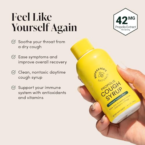Image of Beekeeper's Naturals Propolis Honey Cough Syrup Daytime for Adults Elderberry, Bee Propolis, Buckwheat Honey - Immune Support & Throat Soothing, 4 oz