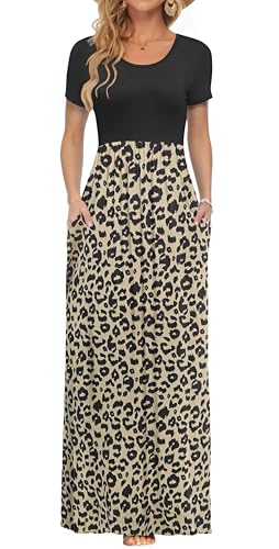 AUSELILY Damen Kurzarm Sommer Casual Long Maxi Kleider mit Taschen New Schwarzer Leopard M