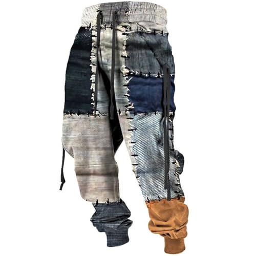Calças casuais de outono para homem na moda jeans patchwork efeito envelhecido calças desportivas e de lazer Slim Fit com cintura elástica e cordão impresso em 3D, Laranja, M