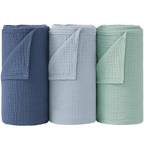 Image of Bearmoss Muslin Swaddle Blankets 100% Cotton Large Baby Swaddle Blankets 47x47in, Super Soft Breathable Receiving Blankets for Unisex Baby Boys Girls (3Pack Indigo Tree)