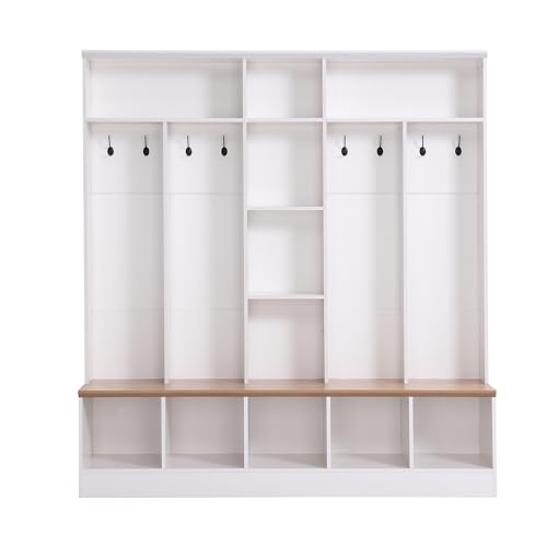 Image of Merax 66.9 inch Wide Hall Tree with Storage Bench, Shoe Cabinet with Cube, & Shelves, Coat Rack with 8 Hooks for Entryways