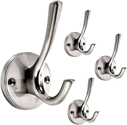 NETLKLA 4 Packs Brushed Nickel Coat Hooks, Silver Robe Hook, Decorative Towel Hooks, Heavy Duty Double Prong Wall Hooks, Metal Closet Hooks, Hat Hooks for Hanging for Bathroom, Kitchen and Office