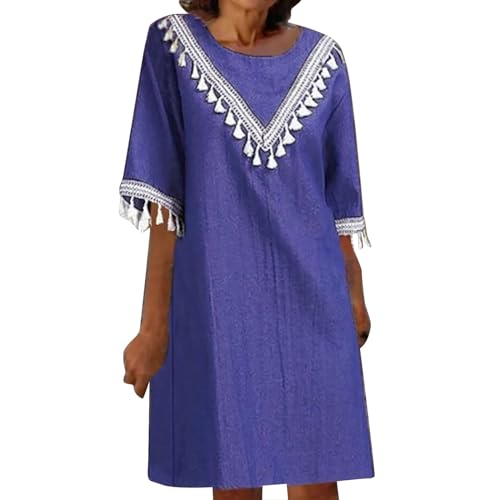 MEIbax Vestido de Verano de algodón y Lino de Encaje para Mujer, Vestido de Verano de Playa Retro Vestidos de Cuello Redondo sin Mangas Estampado Floral Casual túnicas, Azul, XXXL, Turquesa, XXXL