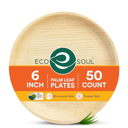 ECO SOUL Palm Leaf Plates 6”(15cm) Round (50 Count) Small Bamboo Plate |Eco Friendly, Biodegradable, Compostable Heavy-Duty Plate, Disposable Plates for Dinner, Party & Events