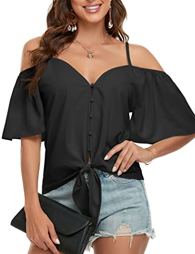 Vshemoi 2023 Summer Off Shoulder Top V Neck Chiffon Short Ruffle Sleeve Outfits Button Down Tie Knot Front T Shirt Blouse Black M