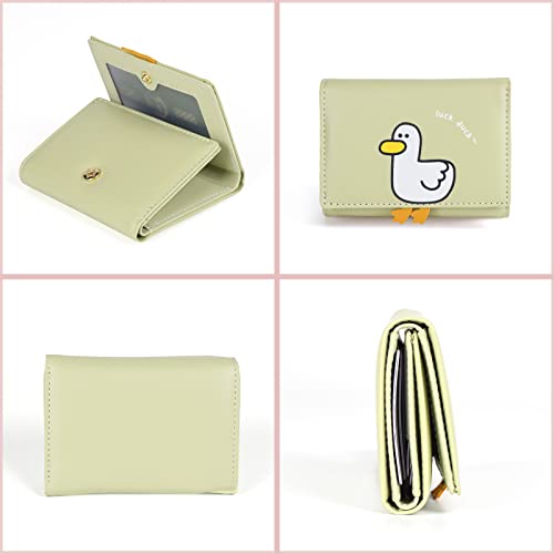 Fire Stone Cute Girls Wallet, Tir-folded Short Wallet with Cash Pocket Card Holder ID Window Purse for Women (Green Duck)2