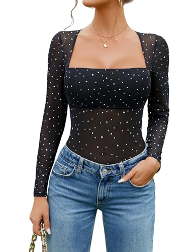 Avidlove Women's Trendy Sexy Square Neck Long Sleeve Rhinestone Sheer Mesh Bodysuits Tops