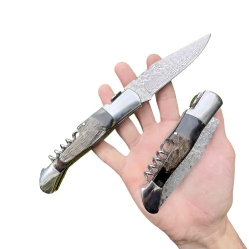 Obespina Couteau Pliant Cran Forcé Tête Corse Damas Luxe Tire Bouchon Poche Traditionnel Lame Tranchant Rasoir Manche Corne Bélier Artisanat Forgé Cadeau Homme Fête Père EDC Camping