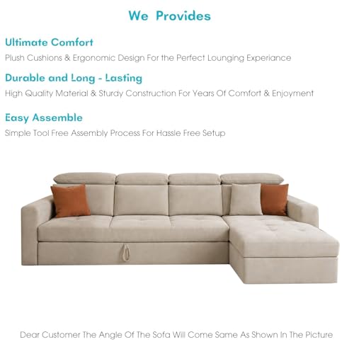 Image of Casaliving Gagnon RHS 6 Seater L Shape Corner Sofa Cum Bed for Living Room (Cream Fabric) Premium Fabric Sofa