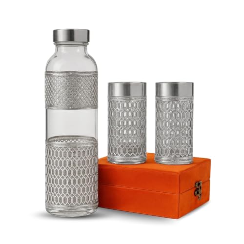 Image of German Silver Water Bottle 1 Ltr | Premium Embossed Design | 100% Pure | Leak-Proof | 2 Water Glass 300ml each | Premium Serving Set for Home & Office | Best for Gifting (Transparent)