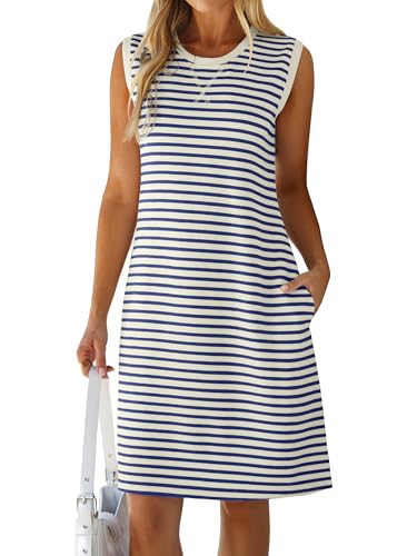 Glamaker Womens Summer Tshirt Dresses - Casual Sleeveless Striped Shift Tank Short Sundress Boho Beach Vacation Outfits 2026 Navy Stripe,S