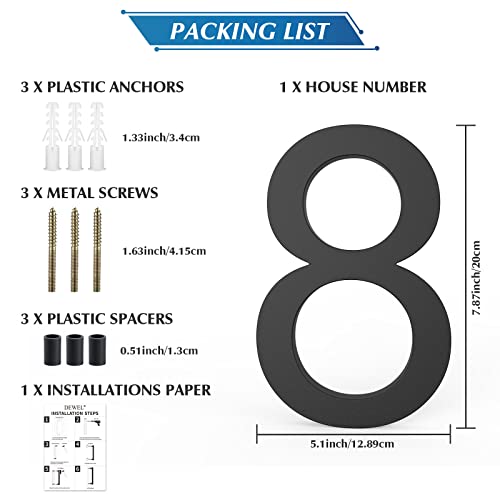 Dewel 8 Inch Floating Large House Numbers For Outside, Black Modern House Address Numbers Decor For 911 Visibility Signage With Nail Kits (House Number 8) #TOP5