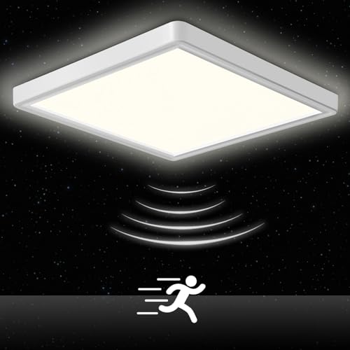 Oraymin LED Deckenleuchte mit Radar Bewegungsmelder, 18W 1800LM 4000K Lampe mit Bewegungsmelder innen, IP44 LED Deckenlampe Flach für Treppe Balkon Flur Keller Garage Carport, 23 * 23 * 2.4cm