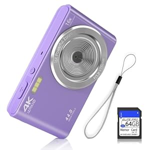FHD 4K 44MP Digital Camera for Kids Video Camera with 64GB SD Card 16X Digital Zoom, Compact Point and Shoot Camera Portable for Kids 4K YouTube Camera (Purple)