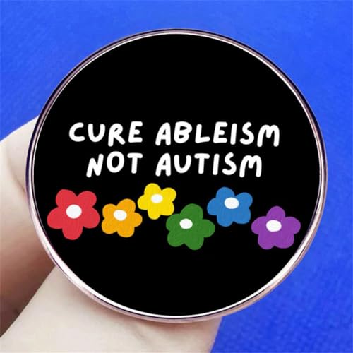 Image of Cartoon Rainbow Sunflower Enamel Pin CURE ABLEISM NOT AUTISM Round Brooch Autism Awareness Metal Badges Clothes Backpack Decoration Jewelry Gifts, Black