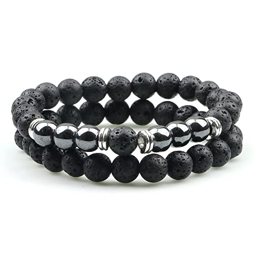 Bracelets homme œil de tigre hématite perles de lave naturelle femme lot de 2