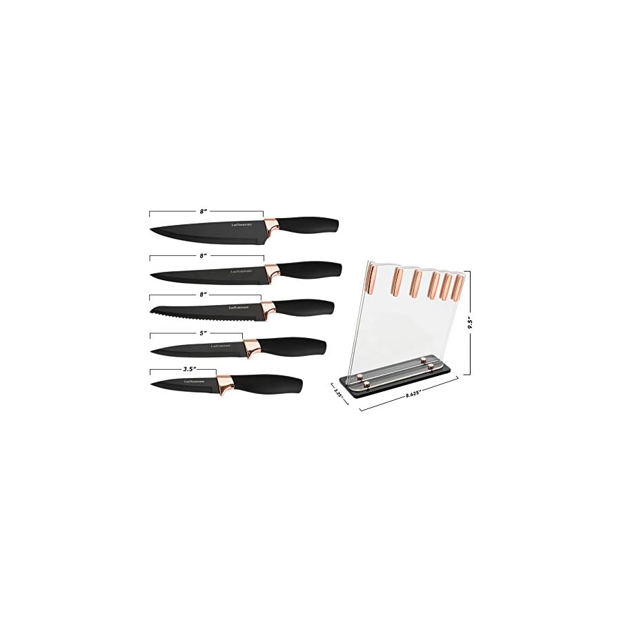 6 Piece Knife Set | 5 Beautiful Rose Gold Knives with Knife Block | Sharp Kitchen Knife Sets | Multiple Size, All Purpose Kitchen Knives | 8” Chef, Bread, & Carving Knife | Utility & Paring Knife