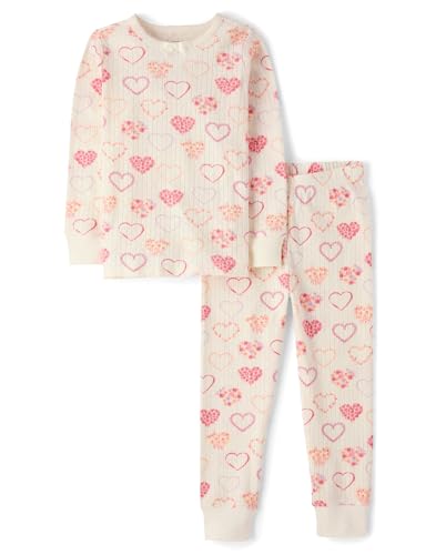 Gymboree Girls and Toddler 100% Cotton Henley Long Sleeve Top and Pants Gymmies Pajama Set Ivory Hearts 7