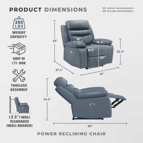 Image of Lexicon 41 inch Leather Match Power Recliner Chair, Wall Hugger Recliner, Blue